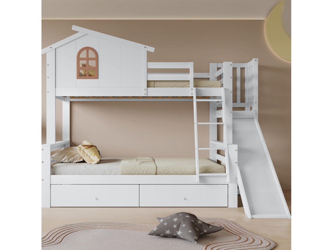 Cama Beliche Com Janelas Decorativas, Escada Articulada De 4 Degraus, Escorregador E Duas Gavetas. Estrutura Maciça Em Branco: 90x200 E 120x200 Cm.