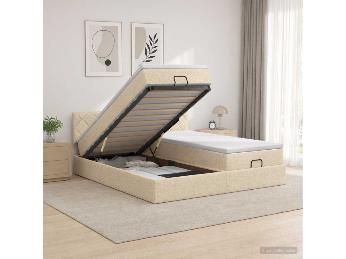 Vidaxl Cama Ottoman Com Colchão Com Cabeceira 2 Unid. Creme Tecido