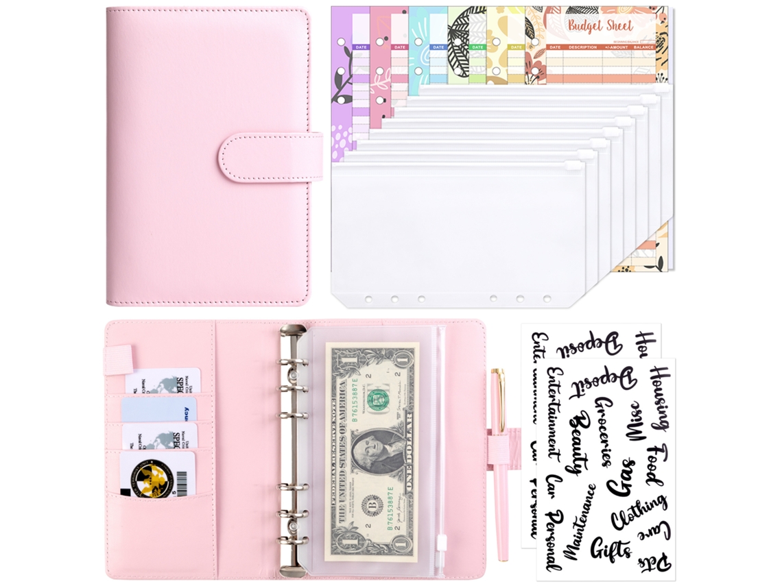 Macaron Loose Leaf Notebook, Removable Cover Budget Planner With 8-zipper Pockets, 12-budget Cards, 2-sticker Sheets