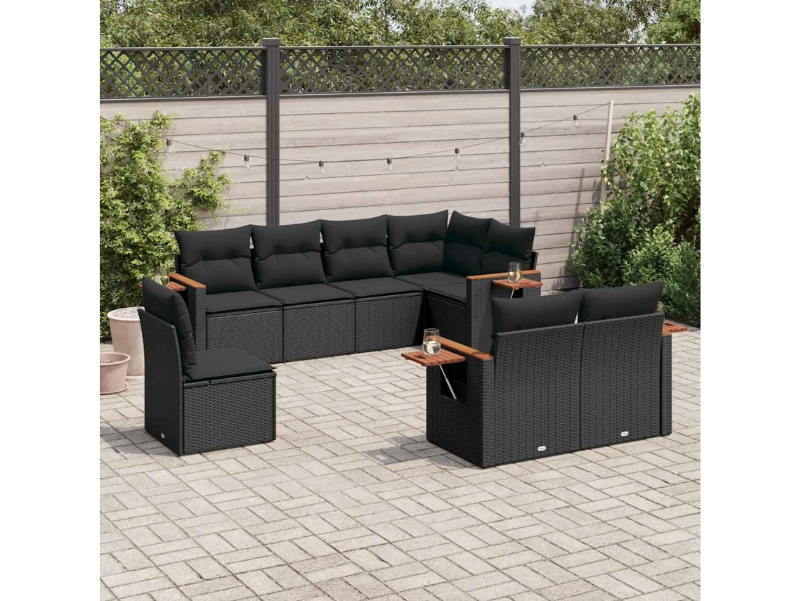Vidaxl 8 Pcs Conjunto Sofás De Jardim Com Almofadões Vime Pe Preto