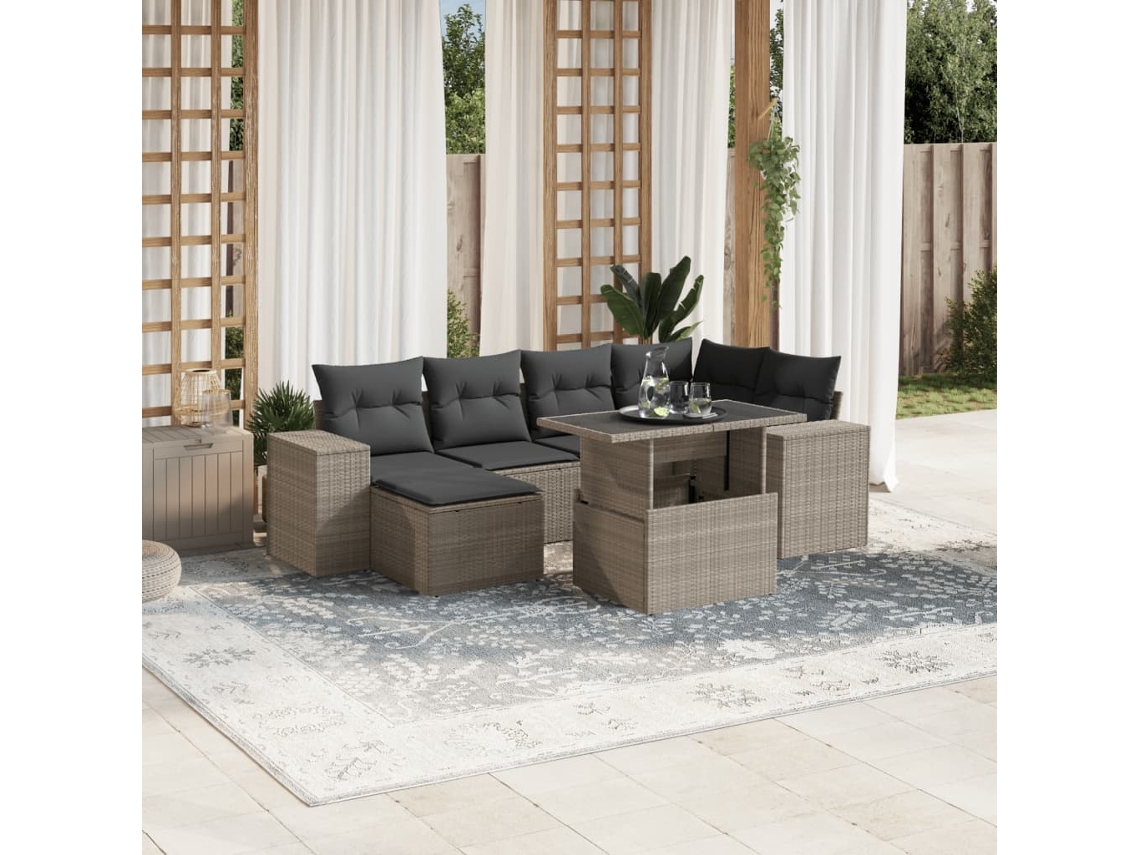 Vidaxl 7 Pcs Conj. Sofás Jardim Com Almofadões Vime Pe Cinzento-claro