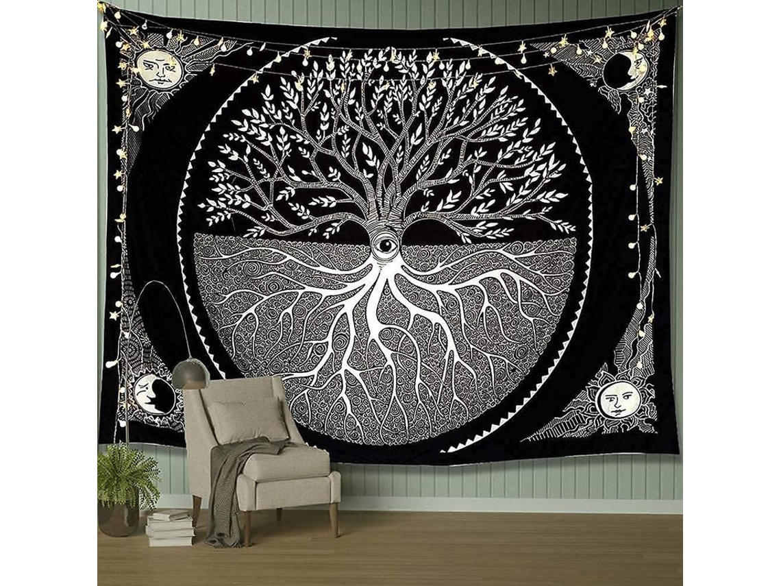Tapestry de Parede Árvore da Vida Estético Sol e Lua Tapestry Mandala Preto e Branco