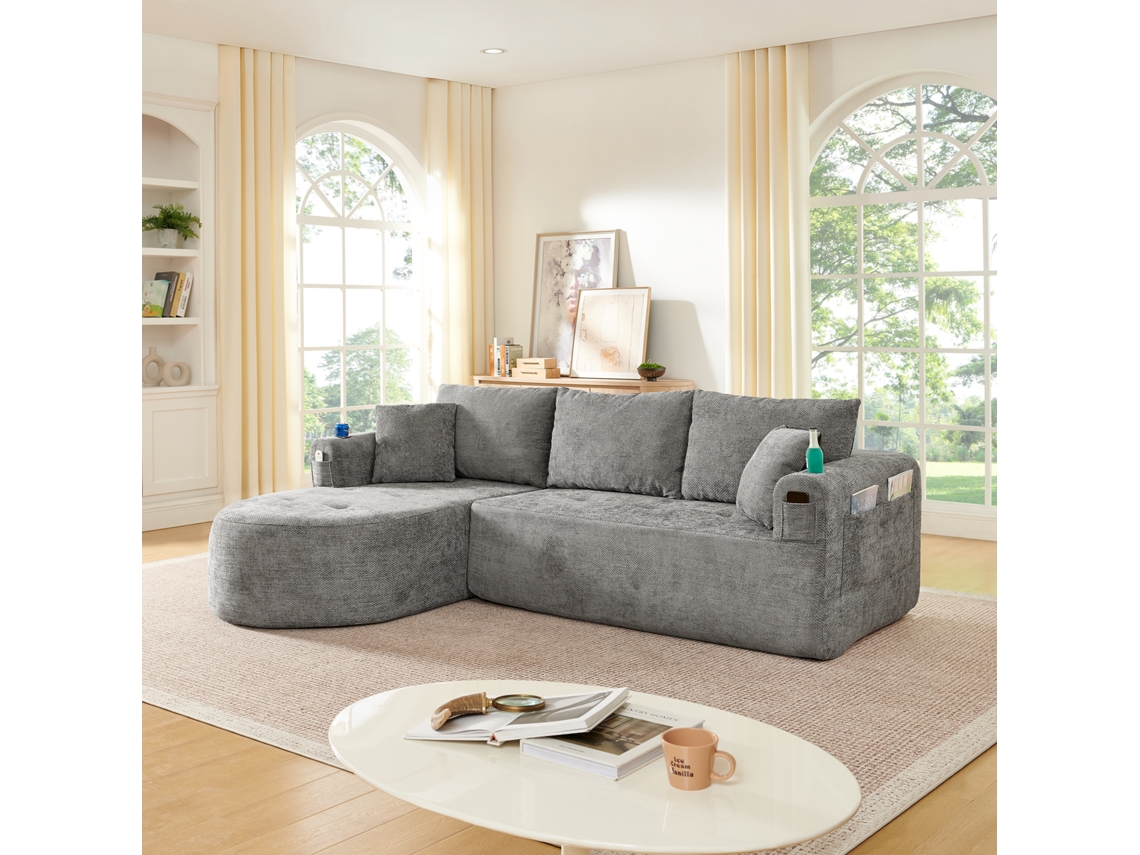 Sofá Em L Estilo Cloud Couch, Design Sem Montagem, Suporte De Copo Em Aço Inoxidável, Tecido De Linho Respirável, Bolsas Laterais E Braços.