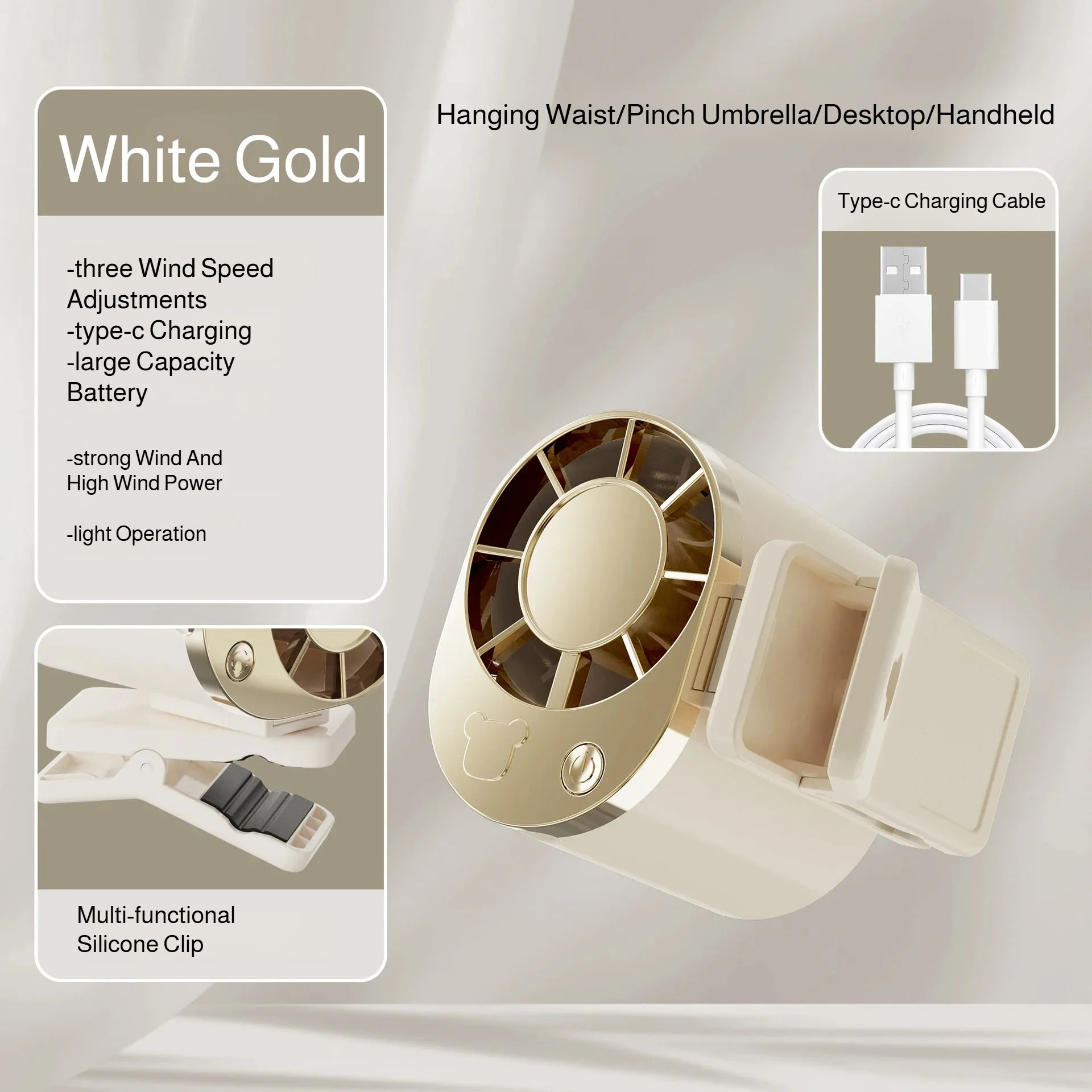 (branco) Mini ventilador de cintura para parede com ventilador de mão recarregável via USB