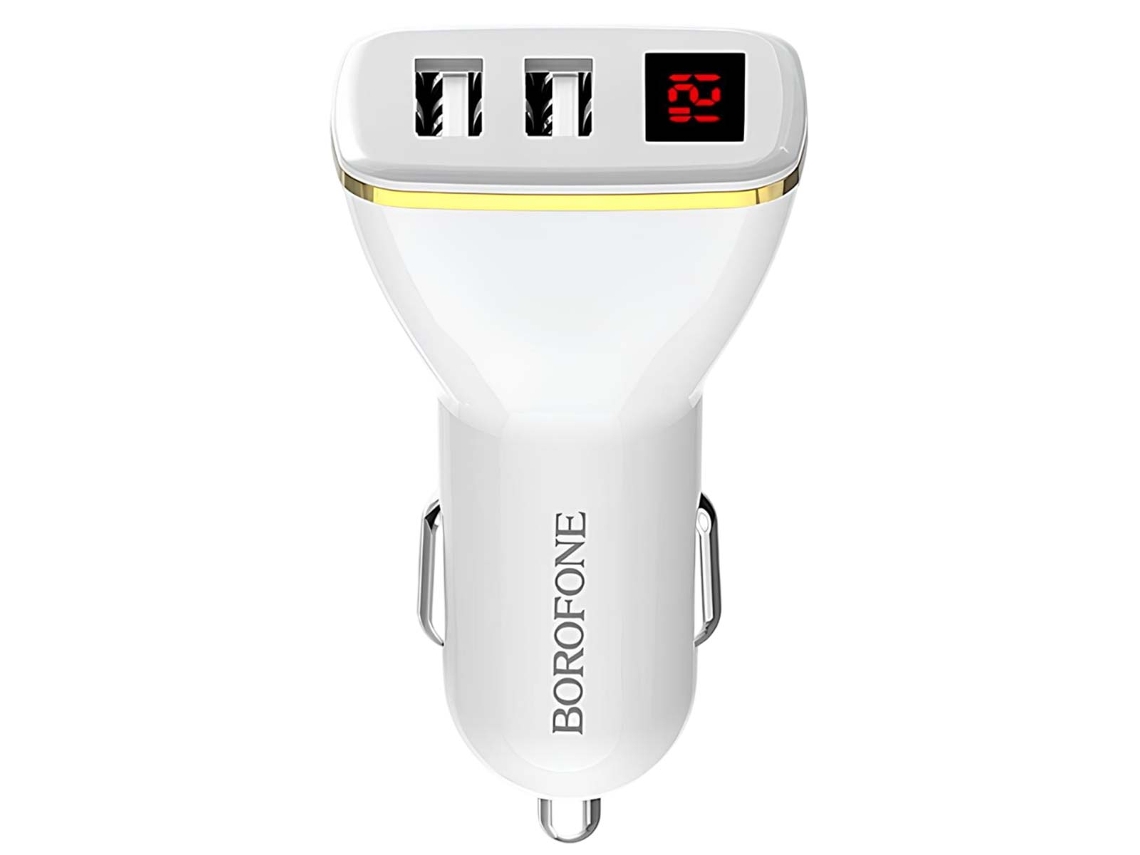 Borofone Carregador De Carro 2 Usb Com Display Led Carga Rápida Branco