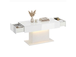 Mesa De Centro Led Moderna Com 2 Gavetas, Comando À Distância E Arrumação, Branco Brilhante
