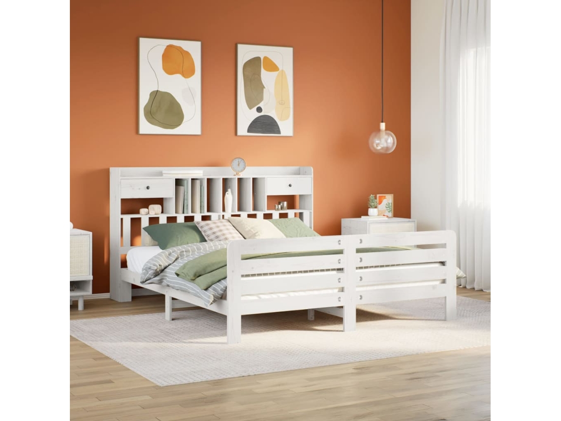 Vidaxl Cama Com Estante Sem Colchão 180x200 Cm Pinho Maciço Branco