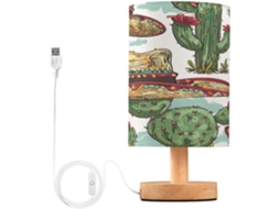 Abajur De Cabeceira Em Aquarela Com Estampa De Cacto, Portas De Carregaje USB C, Luminária De Mesa Cabeceira, Luminária