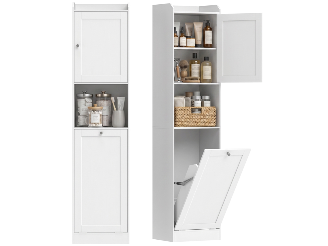 Armário Alto Para Banheiro Com Cesto De Roupa Suja, Compartimentos Abertos E Prateleiras Ajustáveis, 40x30x170 Cm, Branco