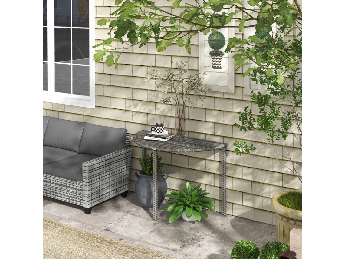 Mesa De Varanda Meia Lua 100x50x74cm Em Polirrattan E Metal Cinza Para Terraço E Jardim Quenty