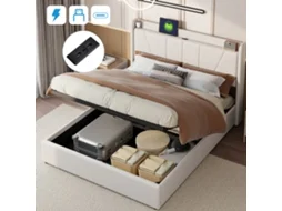 Cama De Casal 160x200 Cm, Cama Estofada, Usb Tipo C, Com Caixa De Armazenamento, Tecido De Linho Bege