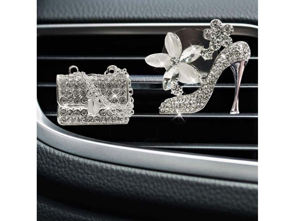 Acessório de Carro com Salto Alto de Cristal e Bolsa Mágica para Ventilação Brilhante com Strass