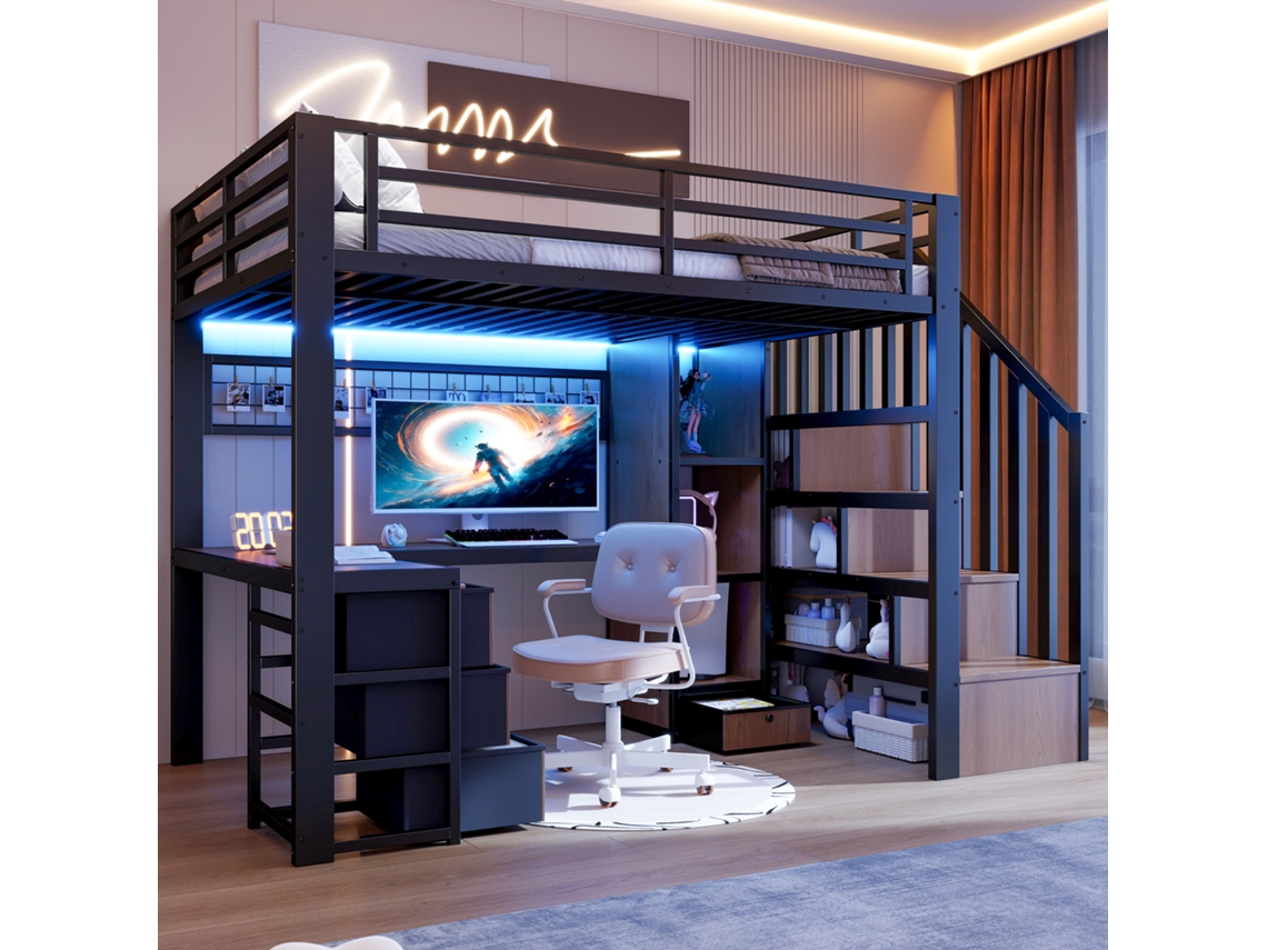 Cama Alta 90x200cm Ferro Preto Com Gavetas Prateleira Led Escrivaninha Armário