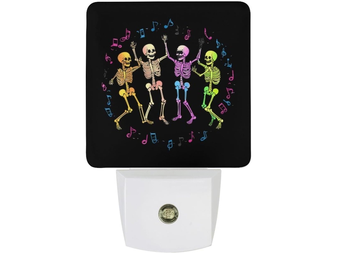 Luminária de parede LED colorida com esqueleto dançante e sensor crepuscular.