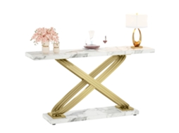 Mesa De Console, Topo De Mármore Falso, Estrutura Metálica Robusta, Ouro