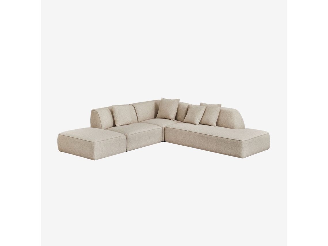 Sklum Sofá Modular De Canto Em 3 Peças Com Chaise Longue Direita E Puff Estofado Cardea Poliéster                       Bouclé Creme Bege