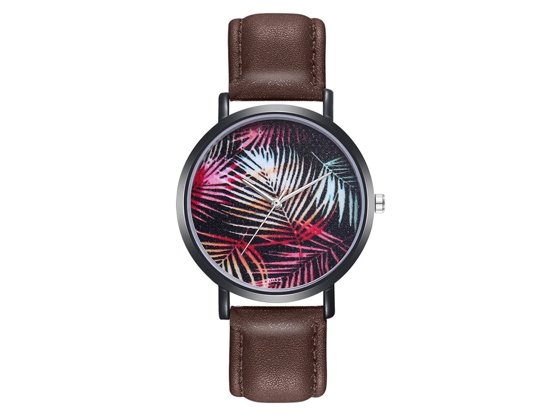 Relógio Feminino Pulseira Couro Pu Padrão Folhas Movimento Quartzo Café