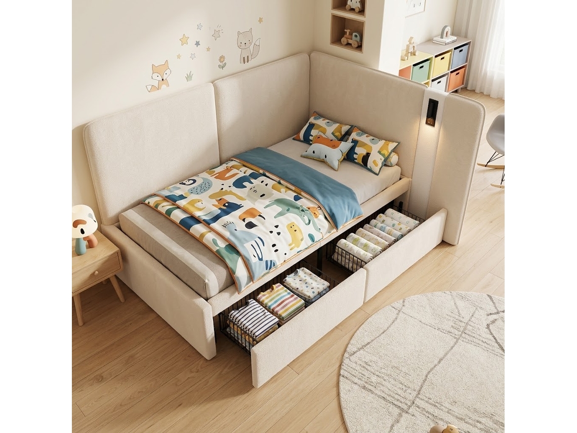 Sofá-cama 90x200 2 Gavetas Usb Leitura Veludo Bege