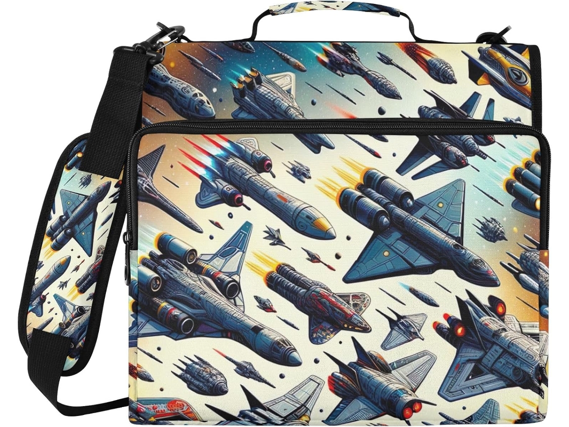 Organizador de 3 argolas com zíper, compartimento para laptop e resistente à água, em formato de nave espacial para massas.
