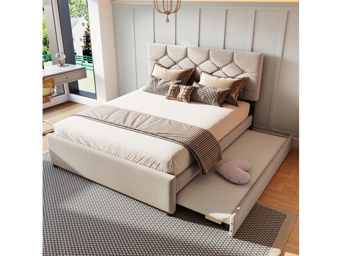 Cama Estofada 140x200 Cm Com Ripas, Gaveta, Veludo Minimalista Bege.
