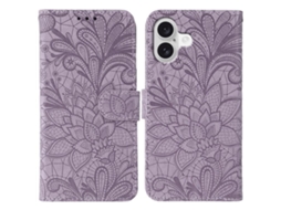 Capa De Couro Para Iphone 17 Com Detalhes Em Renda Floral E Design Em Relevo.