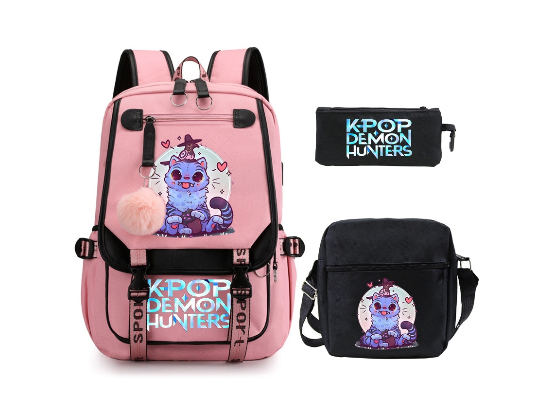 Mochila Escolar De Anime Três Peças, Com Bolsa Transversal E Estojo, Grande Capacidade, Impermeável, Estilo 1 Rosa Claro