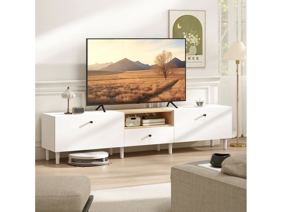 Cômoda De Tv De 200 Cm Para Tvs De Até 90 Polegadas, 2 Compartimentos De Aba, Branco