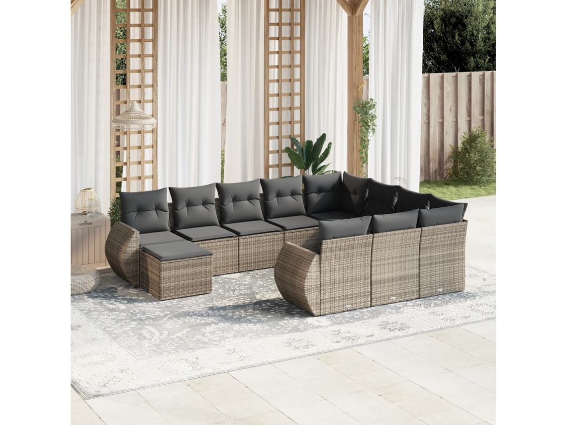 11 Pcs Conjunto Sofás De Jardim C/ Almofadões Vime Pe Cinza Dkd Home Decor