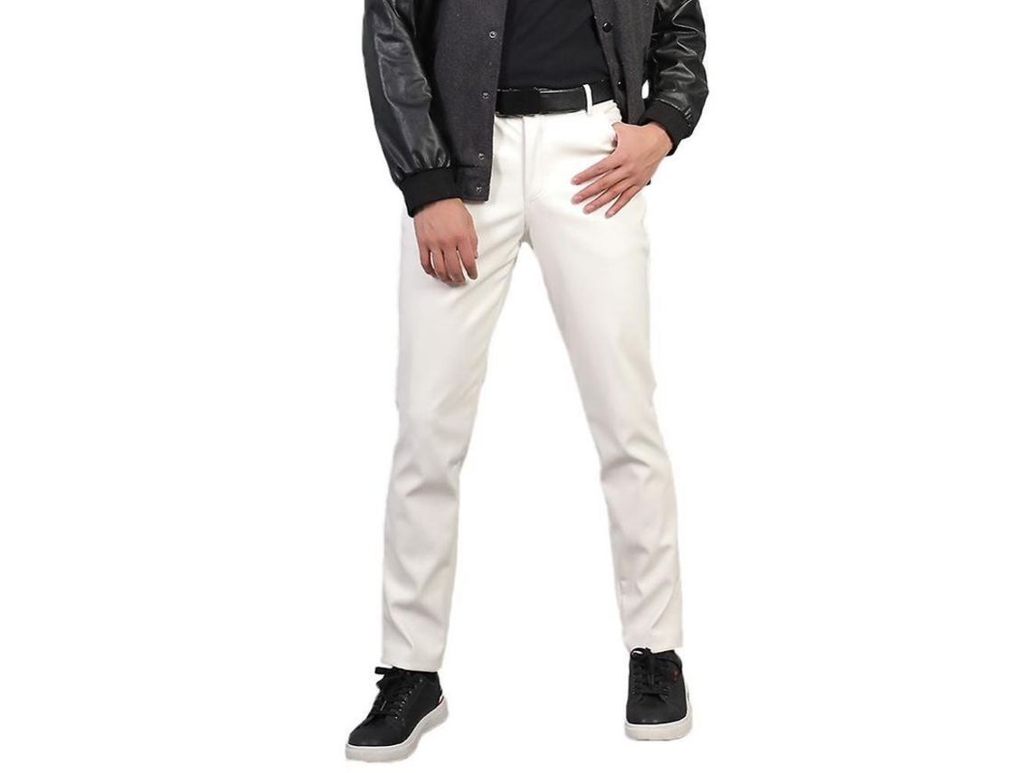 2026-calças De Couro Casual Masculino De Cintura Média Slim Fit Cor Solida Gca Ue 30 Blanco