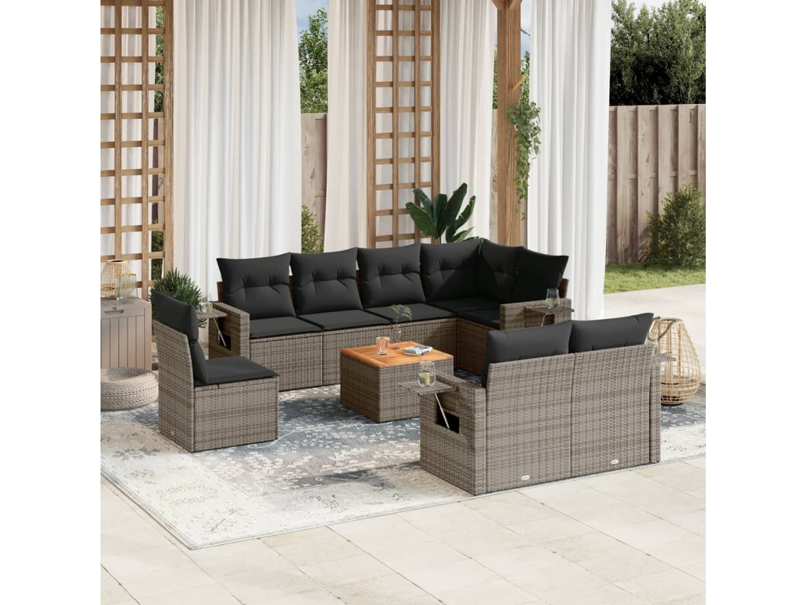 Vidaxl 9 Pcs Conjunto Sofás P/ Jardim Com Almofadões Vime Pe Cinzento