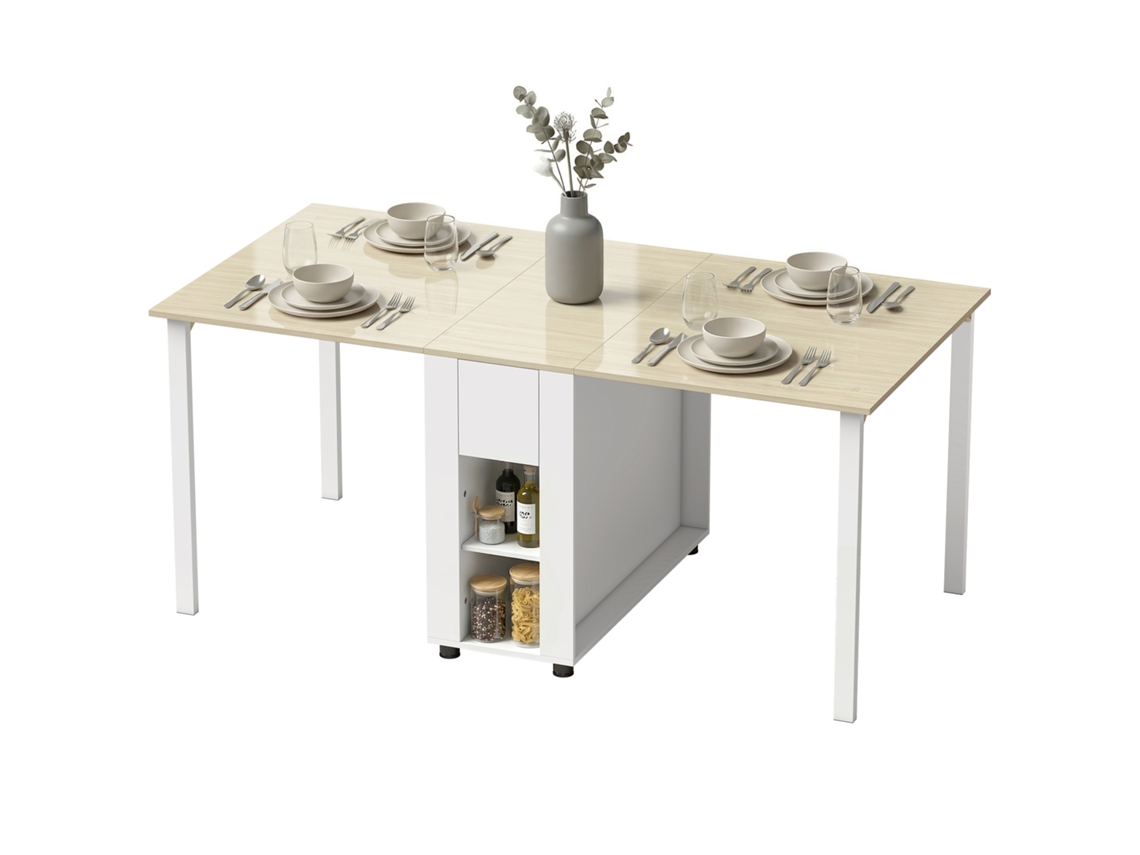 Mesa De Jantar Dobrável 6 Pessoas, 39-168 Cm, Mesa De Cozinha Com 2 Gavetas E 4 Prateleiras Abertas, Branca