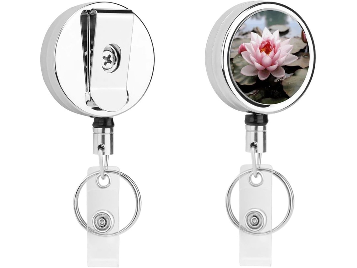 Chaveiro Retrátil Redondo Em Formato De Flor De Lótus Rosa, Com Clipe Crachá Em Aço Inoxidável, Clipe De Cinto Em