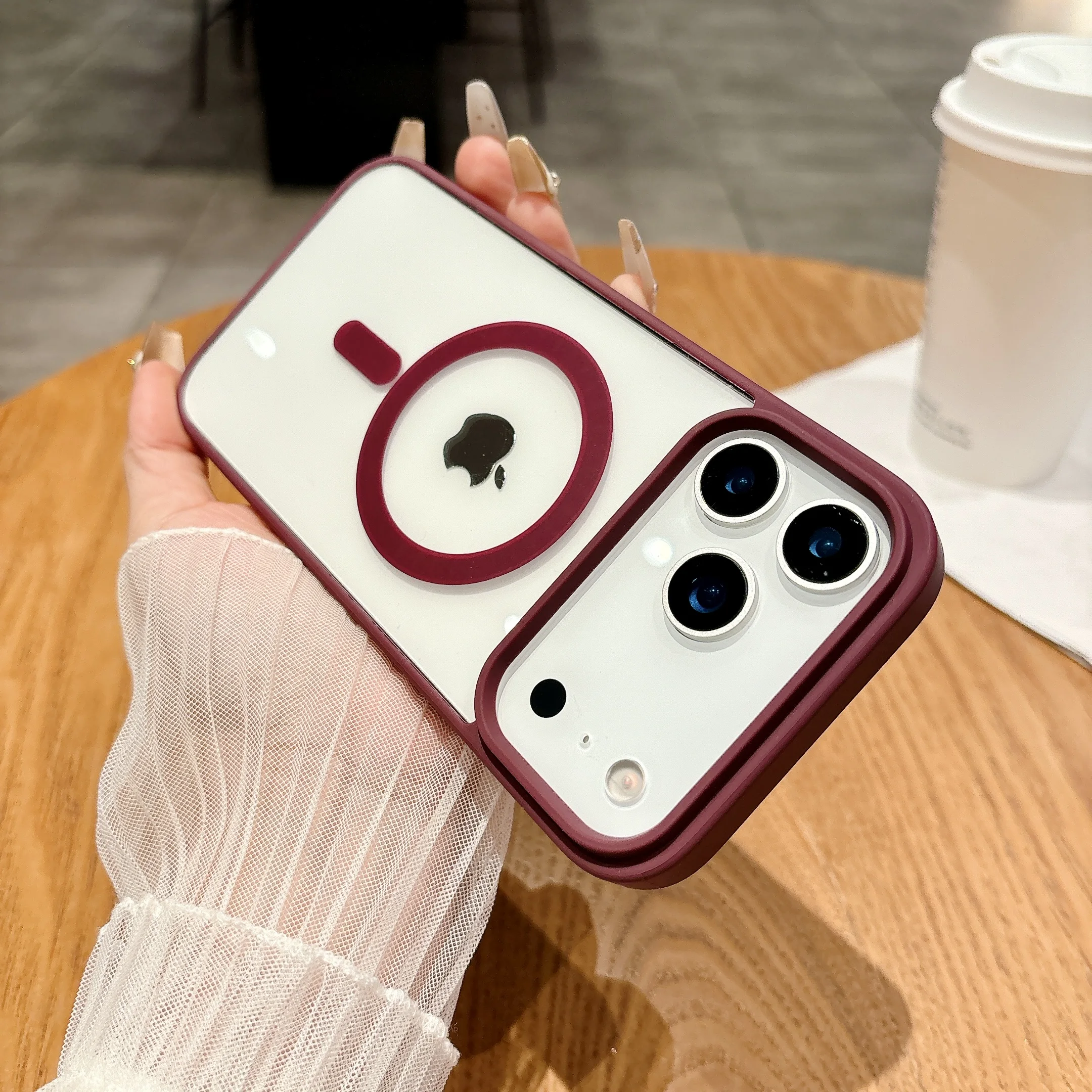 (cor Vinho Tinto, Iphone 14 Pro Max) Capa De Celular Simples Em Acrílico Transparente, Compatível Com Carregamento Sem Fio Magnético, Textura Fosca.
