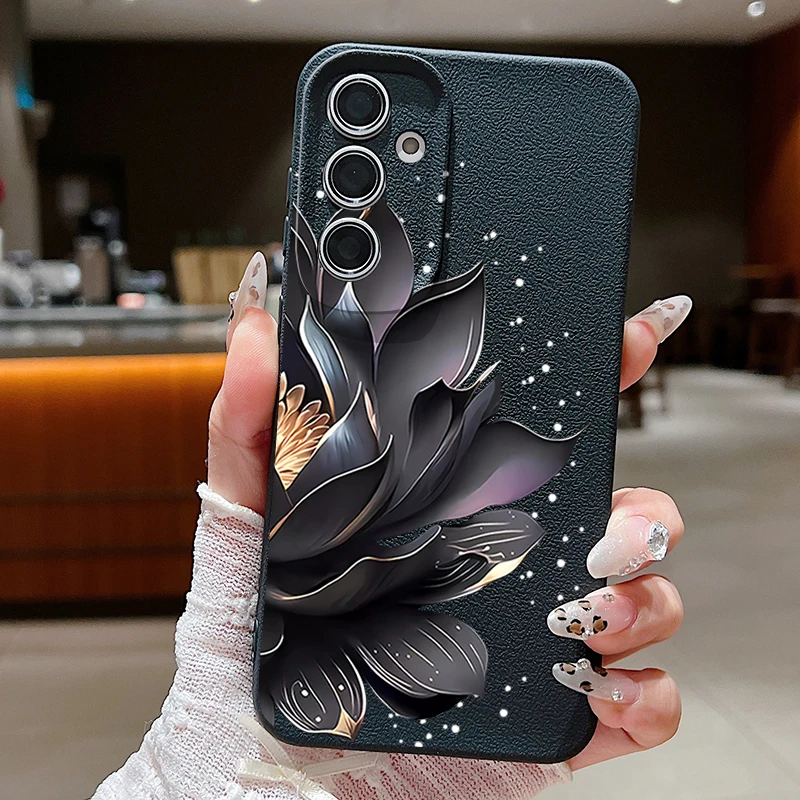 Capa De Celular Galaxy S24 Fe Em Tpu Preta Com Rosas E Lótus
