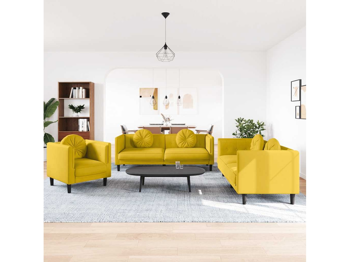 Vidaxl 3 Pcs Conjunto De Sofás Com Almofadas Veludo Amarelo