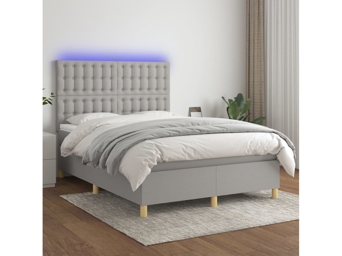 Vidaxl Cama Box Spring C/ Colchão E Led 140x200 Cm Tecido Cinza-claro