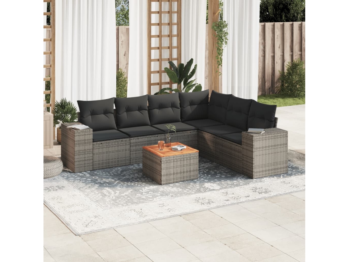 Vidaxl 7 Pcs Conjunto Sofás P/ Jardim C/ Almofadões Vime Pe Cinzento