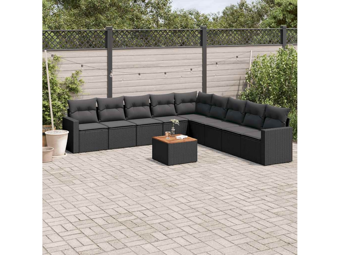 Vidaxl 10 Pcs Conjunto Sofás de Jardim C/ Almofadões Vime Pe Preto