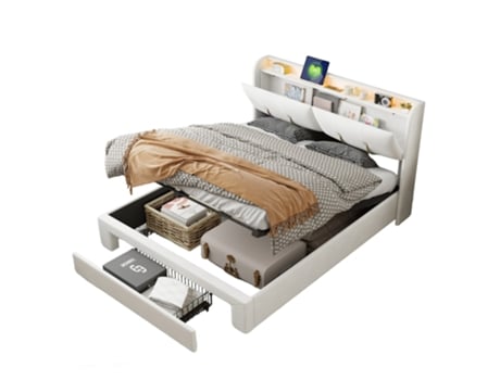 Cama Estofada 160x200cm, Cama Hidráulica Com Zona De Arrumação, Cama De Casal Com Iluminação Led E Usb, Cama Para Adulto, Veludo, Bege Mexus