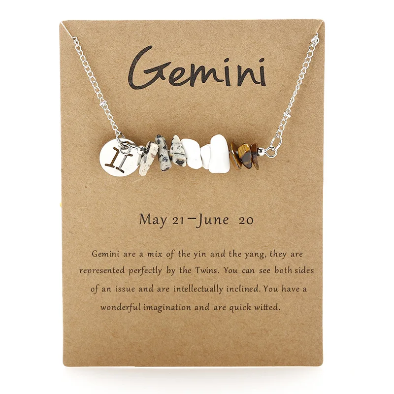 Colar com Pingente do Signo de Gêmeos, Colar com Contas de Pedra Natural MDUG