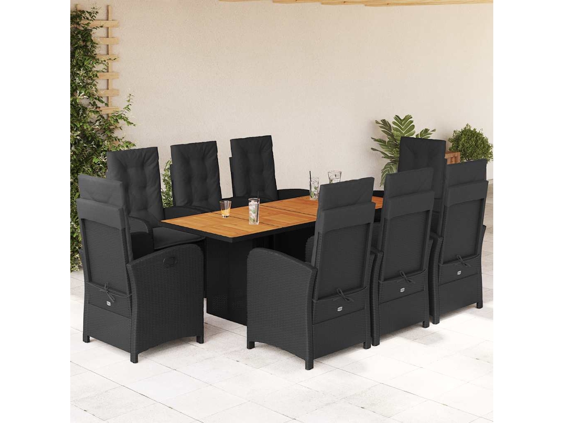 Vidaxl 9 Pcs Conjunto De Jantar P/ Jardim C/ Almofadões Vime Pe Preto
