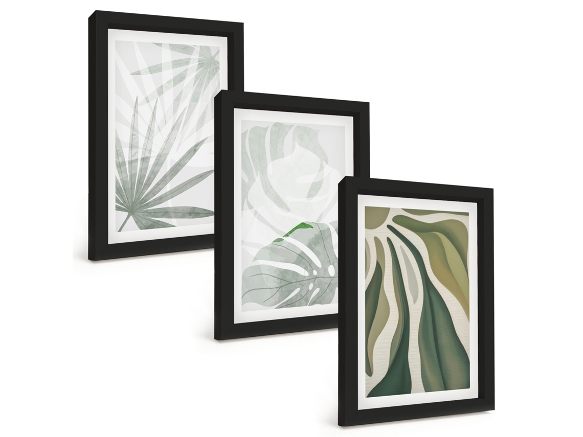 Composição De Quadros Na Paredefolhas De Plantas Em Verde E Cinza Moldura Preta Quadros Para A Sala De Estar Espelharte (3 Peças 20x30 Cm)