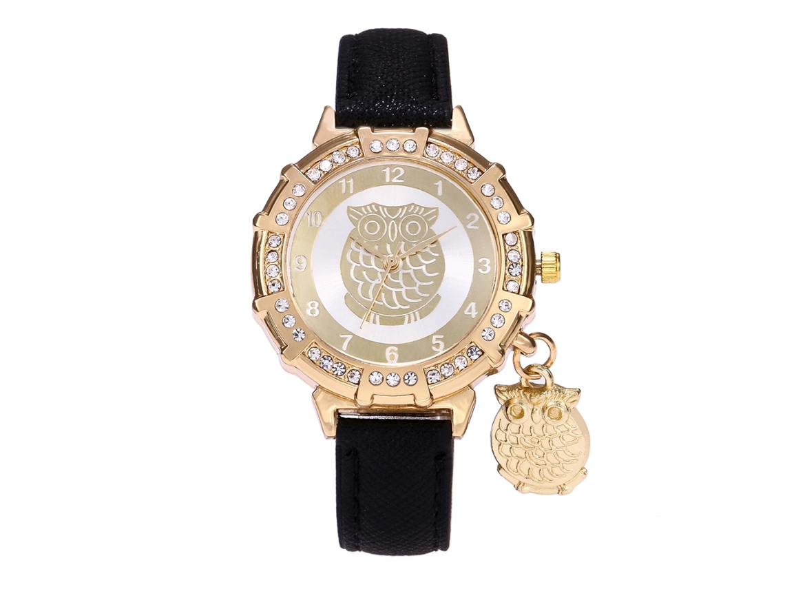 Relógio de Pulso Feminino com Pingente de Coruja e Pedras Strass em Couro Pu Preto