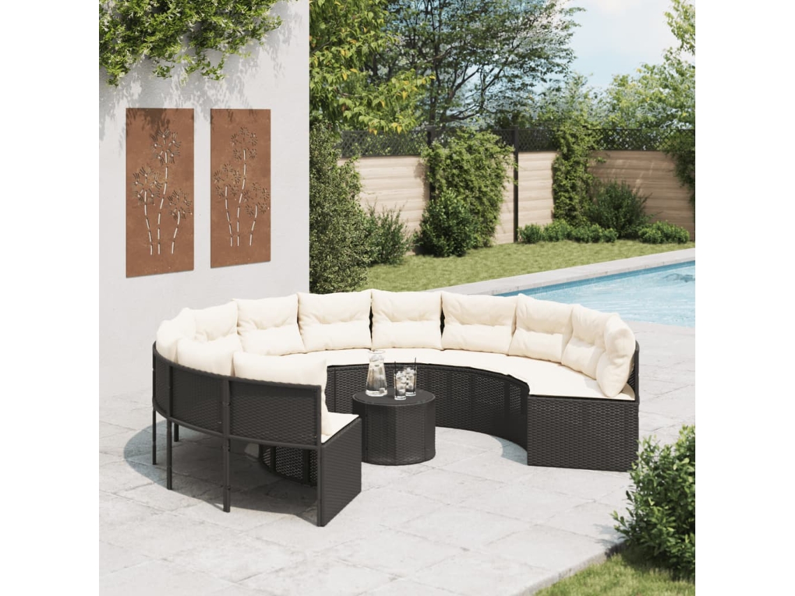 Vidaxl Sofá De Jardim Com Mesa E Almofadões Redondo Vime Pe Preto