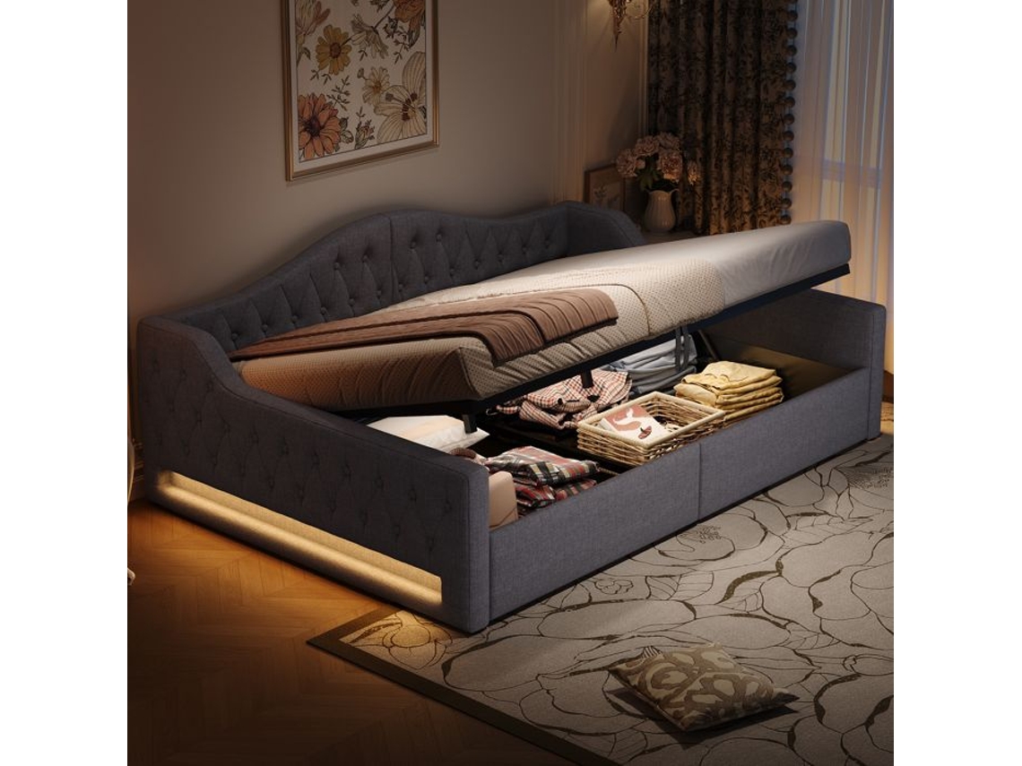 Sofá-cama Estofado 140x200 Cinza Com Led E Armazenamento