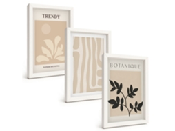 Quadros Decorativos Para Parede Padrões Elegantes De Plantas Em Preto E Bege Moldura Branca Pinturas De Quarto Espelharte (3 Peças 20x30 Cm)
