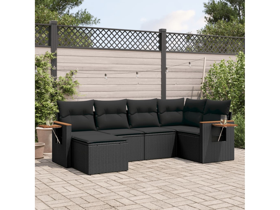 Vidaxl 6 Pcs Conjunto Sofás De Jardim C/ Almofadões Vime Pe Preto