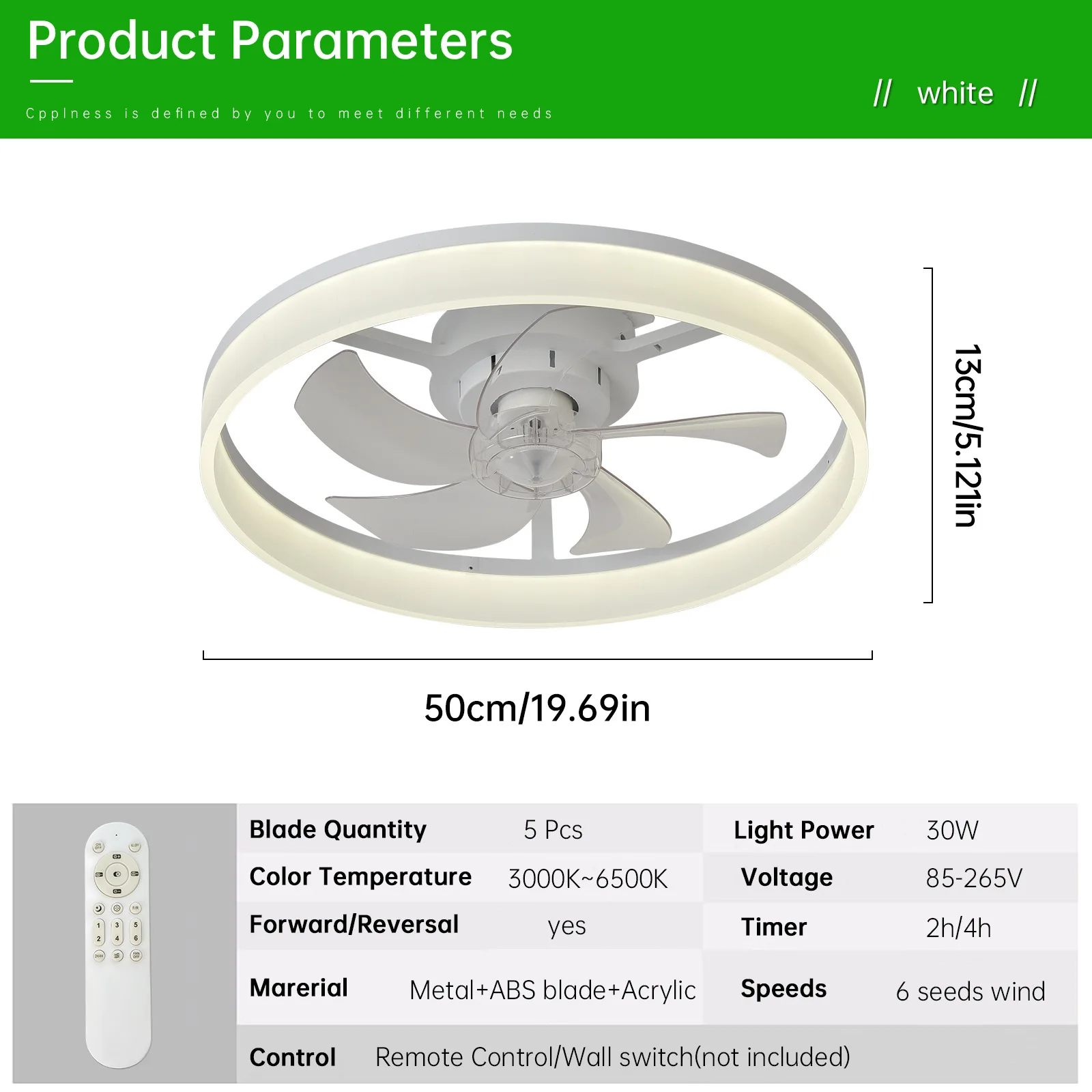 Ventilador de Teto MDUG com controle remoto, dimerização contínua, 6 velocidades (20 polegadas, branco)