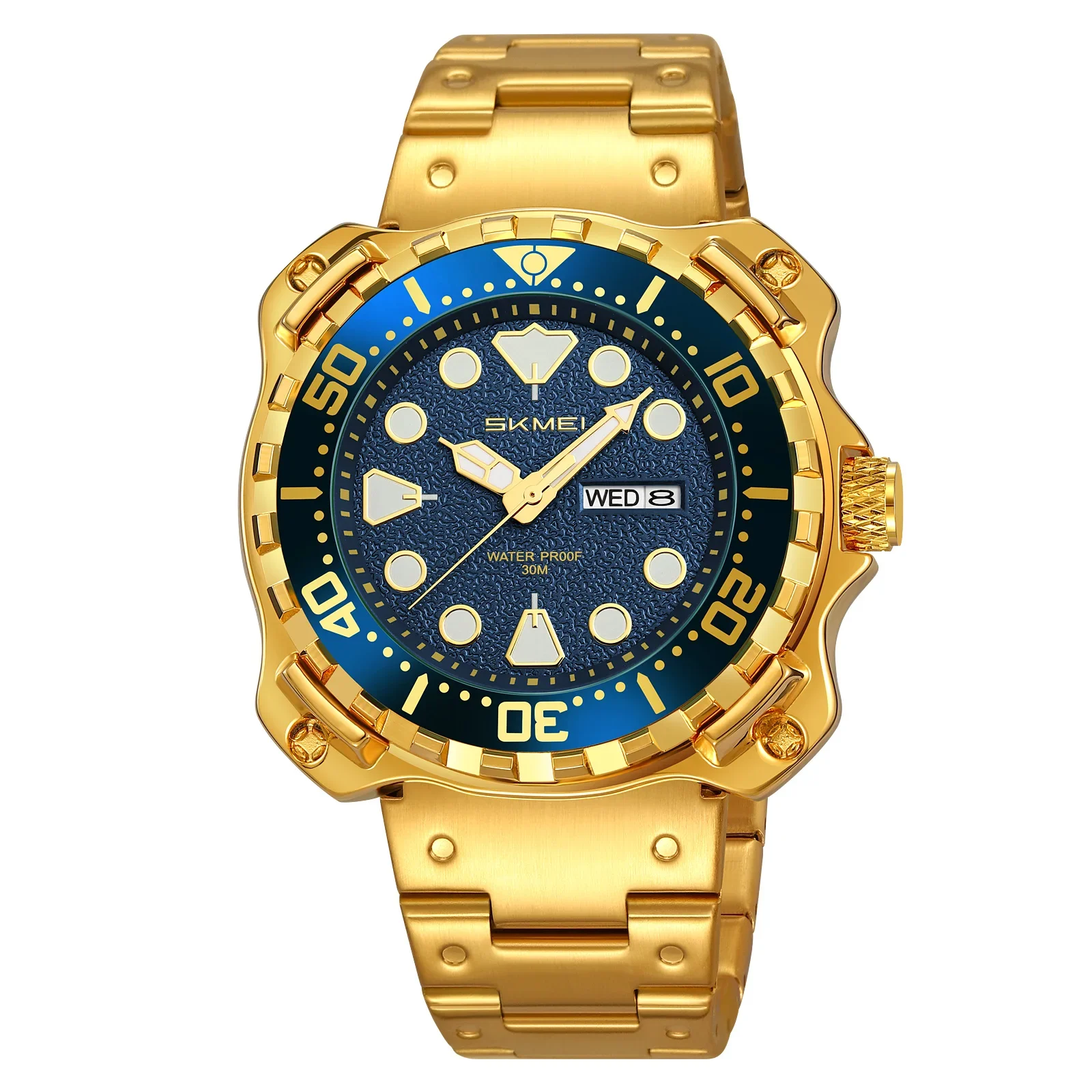 Relógio MDUG esportivo elegante masculino com exibição de data e dia da semana, pulseira de aço inoxidável
