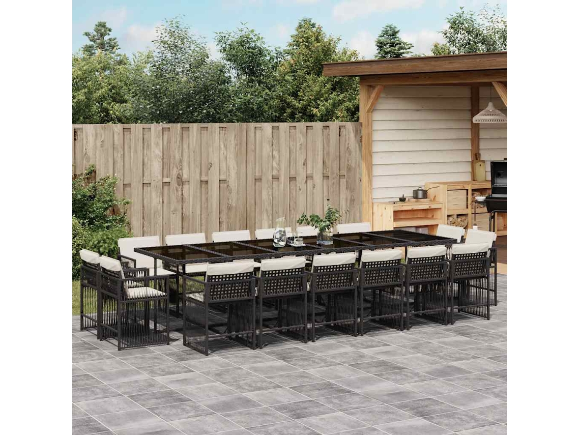 Vidaxl 17 Pcs Conjunto de Jantar P/ Jardim C/ Almofadões Vime Pe Preto